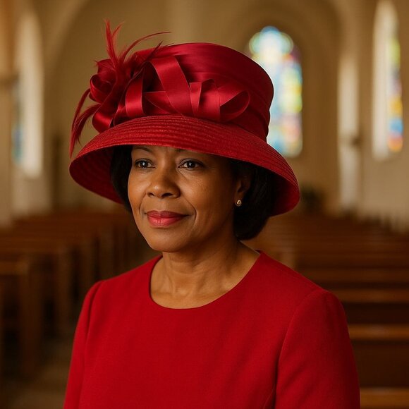 Red Wide Brim Straw Hat VTG Elegant Sunday Church Fashion Satin Ribbon Feathers - Picture 1 of 15
